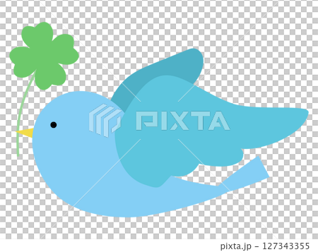 A happy blue bird flying with a four-leaf clover in its mouth Vector illustration A happy blue bird flying with a four-leaf clover in its mouth Vector illustration 127343355
