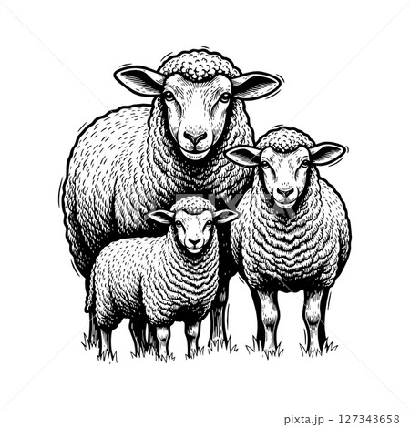 Detailed black and white vector of a sheep family standing together. Ideal for farm animal logos, prints, and rustic livestock designs. 127343658