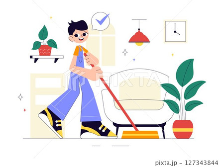 Home Cleaning Service Vector Illustration Featuring House Cleaning Workers Sweeping, Mopping, Wiping Glass, and More in a Flat Style Background Home Cleaning Service Vector Illustration Featuring House Cleaning Workers Sweeping, Mopping, Wiping Glass, and More in a Flat Style Background 127343844