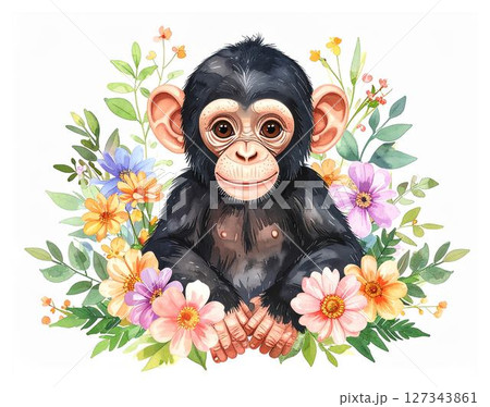 かわいい水彩画の動物シリーズ：花に囲まれた赤ちゃんチンパンジー 127343861
