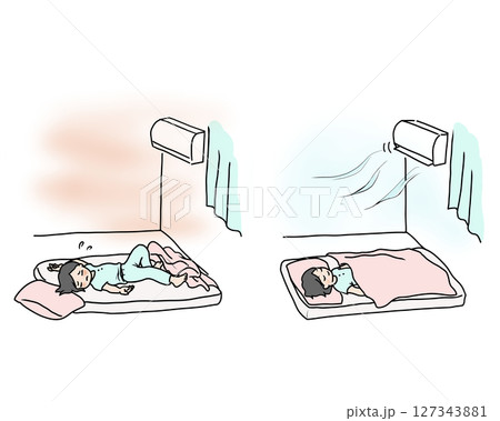 猛暑で寝苦しい女の子とエアコンをつけて眠る女の子 猛暑で寝苦しい女の子とエアコンをつけて眠る女の子 127343881