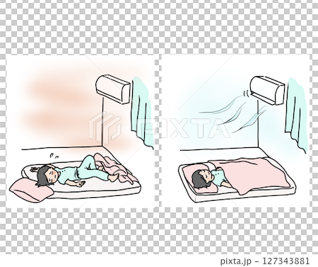 猛暑で寝苦しい女の子とエアコンをつけて眠る女の子 猛暑で寝苦しい女の子とエアコンをつけて眠る女の子 127343881