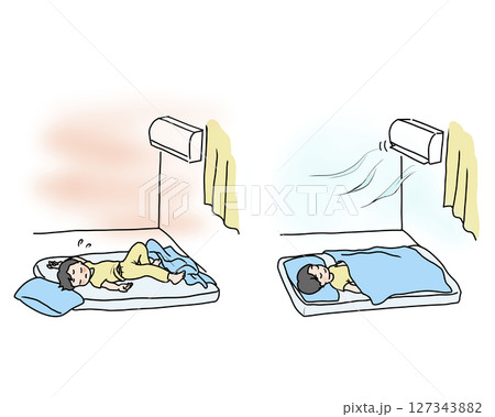 猛暑で寝苦しい男の子とエアコンをつけて眠る男の子 127343882