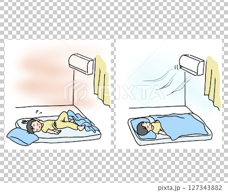 猛暑で寝苦しい男の子とエアコンをつけて眠る男の子 127343882