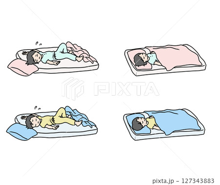 布団で眠る男の子と女の子 127343883