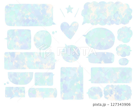 吹き出し：水彩風水色のハートマークとフキダシのセット 127343906