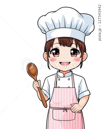 木のヘラを持ったエプロン姿の若い女の子 127343942