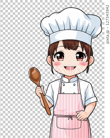 A young girl in an apron holding a wooden spatula 127343942