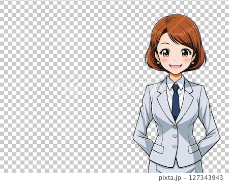 A woman in a suit smiling on a white background 127343943