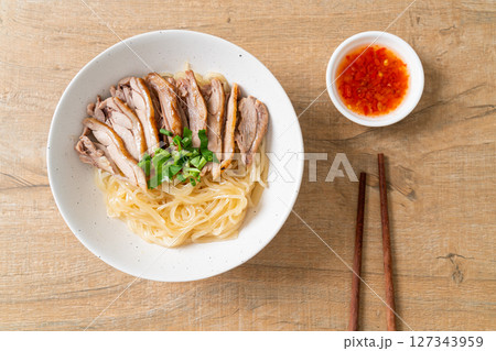 dried duck noodles in white bowl dried duck noodles in white bowl 127343959