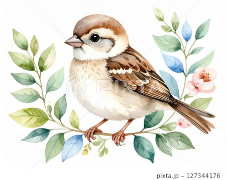 かわいい水彩画の動物シリーズ：花に囲まれたスズメ 127344176