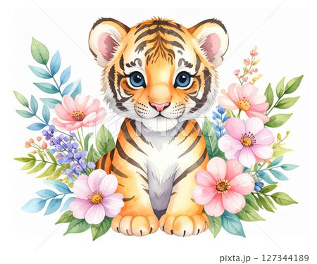 かわいい水彩画の動物シリーズ：花に囲まれた赤ちゃんトラ 127344189