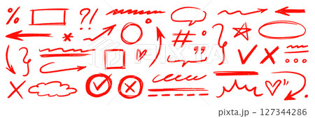 Hand drawn line arrow chalk brush stroke red icon set. Red crayon underline, check mark, scribble shapes with rough texture. Hand style symbols, arrows, star and frame highlight. Vector Hand drawn line arrow chalk brush stroke red icon set. Red crayon underline, check mark, scribble shapes with rough texture. Hand style symbols, arrows, star and frame highlight. Vector 127344286