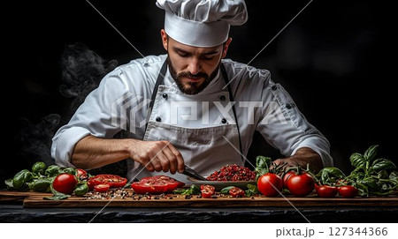 Bearded Chef Preparing Tomato Dish with Smoke 127344366