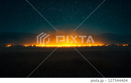 Nighttime Landscape: Illuminated Horizon with Starry Sky and Fie 127344404