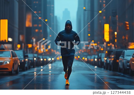 Urban Runner in Rainy City Night, Hooded Jacket Urban Runner in Rainy City Night, Hooded Jacket 127344438