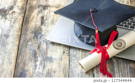 Graduation Cap, Diploma, and Laptop on Rustic Wood Surface, Symb 127344644