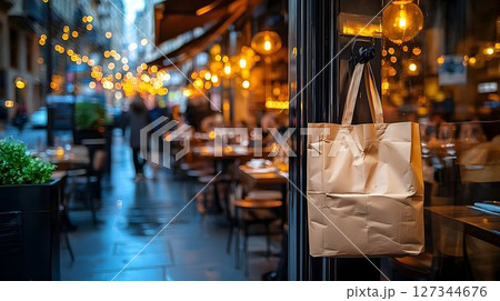 Parisian Bistro Evening: Takeout Bag on Door, Warm Lights Blurre 127344676