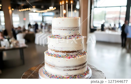 Three-Tiered Cake with Lit Candles and Colorful Sprinkles at Cel 127344677