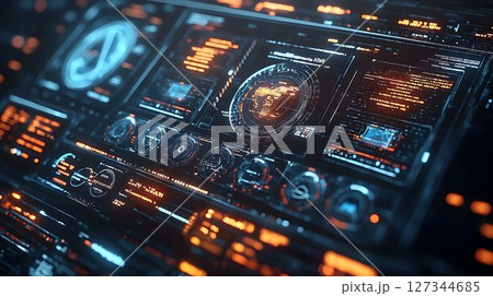 Futuristic Control Panel with Glowing Orange and Blue Digital Di 127344685