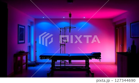 Chiropractor's Table Under Blue and Pink Lights in a Modern Trea 127344690