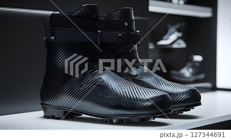 Sleek Carbon Fiber Ski Boots Displayed on Shelf 127344691