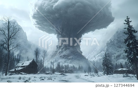 Eerie winter landscape with a colossal mushroom cloud looming ov 127344694