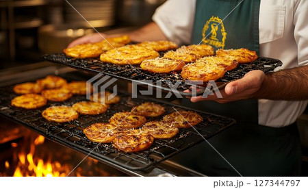 Chef carrying grilled potato slices with cheese on metal racks n Chef carrying grilled potato slices with cheese on metal racks n 127344797