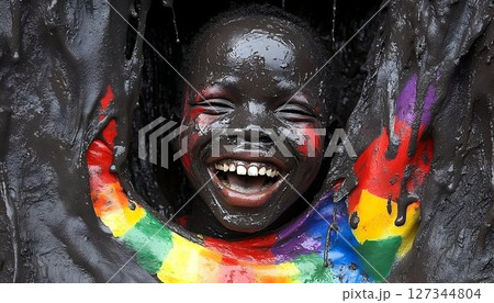 Gleaming Smile: Child Covered in Mud with Rainbow Paint, Eyes Cl 127344804
