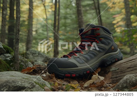 Hiking Boot Rests on Fallen Log in Autumn Forest 127344805