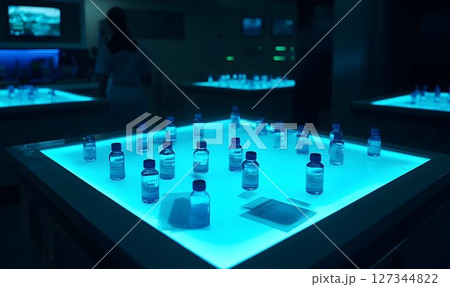 Illuminated vials on a laboratory table under blue light, with a 127344822