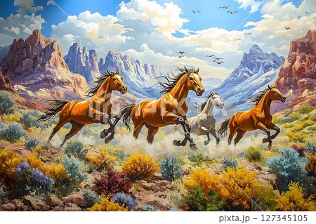 Galloping Majesty: A Vision of Wild Horses in a Mountainous Landscape 127345105