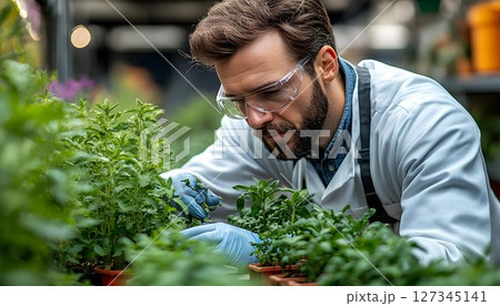 Scientist Carefully Tending to Plants in a Controlled Greenhouse Environment 127345141