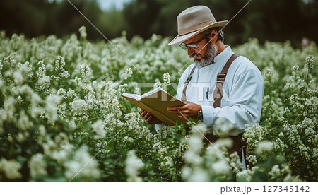 Researcher examines botanical data amid field of white flowers in nature 127345142