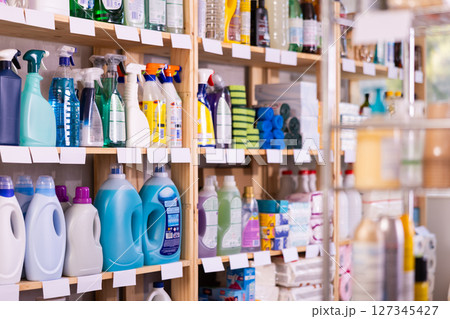 Products on shelves of household chemicals store Products on shelves of household chemicals store 127345427