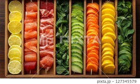 Vibrant Rainbow of Sliced Fruits, Vegetables, and Herbs in Woode 127345579