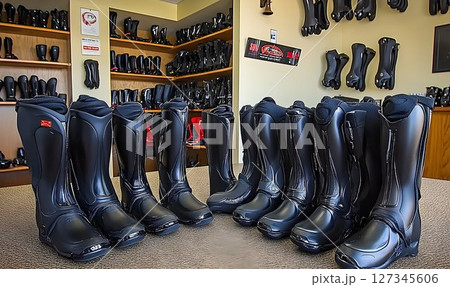 Sleek Black Motorcycle Boots Displayed in Shop 127345606