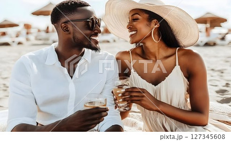 Beachside Romance: Couple Sharing Drinks at Sunset 127345608