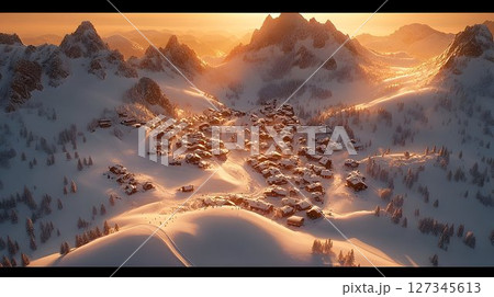 Golden Hour Sunrise Over Snowy Alpine Village Nestled in Majesti 127345613