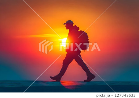 Silhouette of a Hiker Against a Fiery Sunset, Walking on a Textu Silhouette of a Hiker Against a Fiery Sunset, Walking on a Textu 127345633