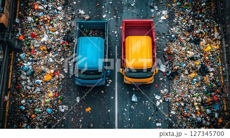 Aerial View of Waste Removal Trucks Amidst Roadside Garbage 127345700