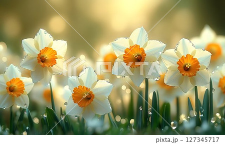 Dew-Kissed Daffodils: A Springtime Symphony of White and Gold in 127345717