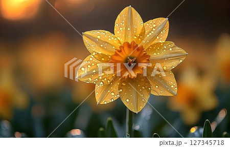 Dew-Kissed Daffodil in Golden Hour Light 127345718