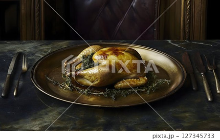 Roasted Chicken Garnished with Thyme on Golden Plate, Dark Marbl Roasted Chicken Garnished with Thyme on Golden Plate, Dark Marbl 127345733