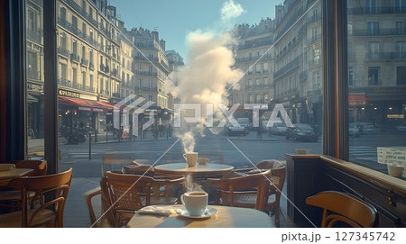 Parisian Cafe Scene: Steaming Coffee Cups and Cityscape View Thr Parisian Cafe Scene: Steaming Coffee Cups and Cityscape View Thr 127345742