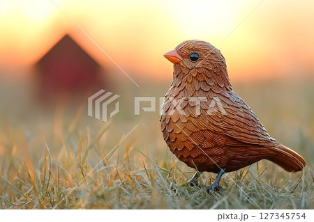 Carved wooden bird figurine in grassy field with blurred barn at 127345754