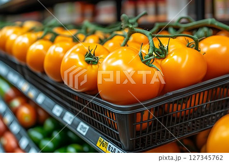 Glossy Orange Tomatoes on the Vine Displayed in a Supermarket Pr 127345762