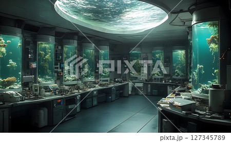 Futuristic Underwater Research Lab with Cylindrical Tanks and Oc Futuristic Underwater Research Lab with Cylindrical Tanks and Oc 127345789