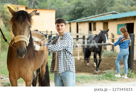 Male worker of stable grooming thoroughbred horse, brushing coat and of calmly standing obedient horse Male worker of stable grooming thoroughbred horse, brushing coat and of calmly standing obedient horse 127345833