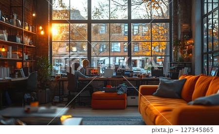 Cozy modern loft apartment with people working and fall colors outside the window 127345865
